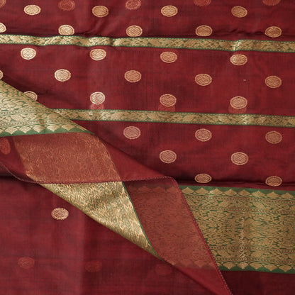 Maroon Chanderi Katan Handloom Silk Saree with contrast Green Nakshi Border & Asarfi motifs