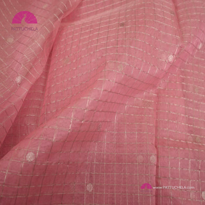 Pastel Pink Checked Chanderi Katan Handloom Silk Saree with Polka Motifs and Silver Zari Border
