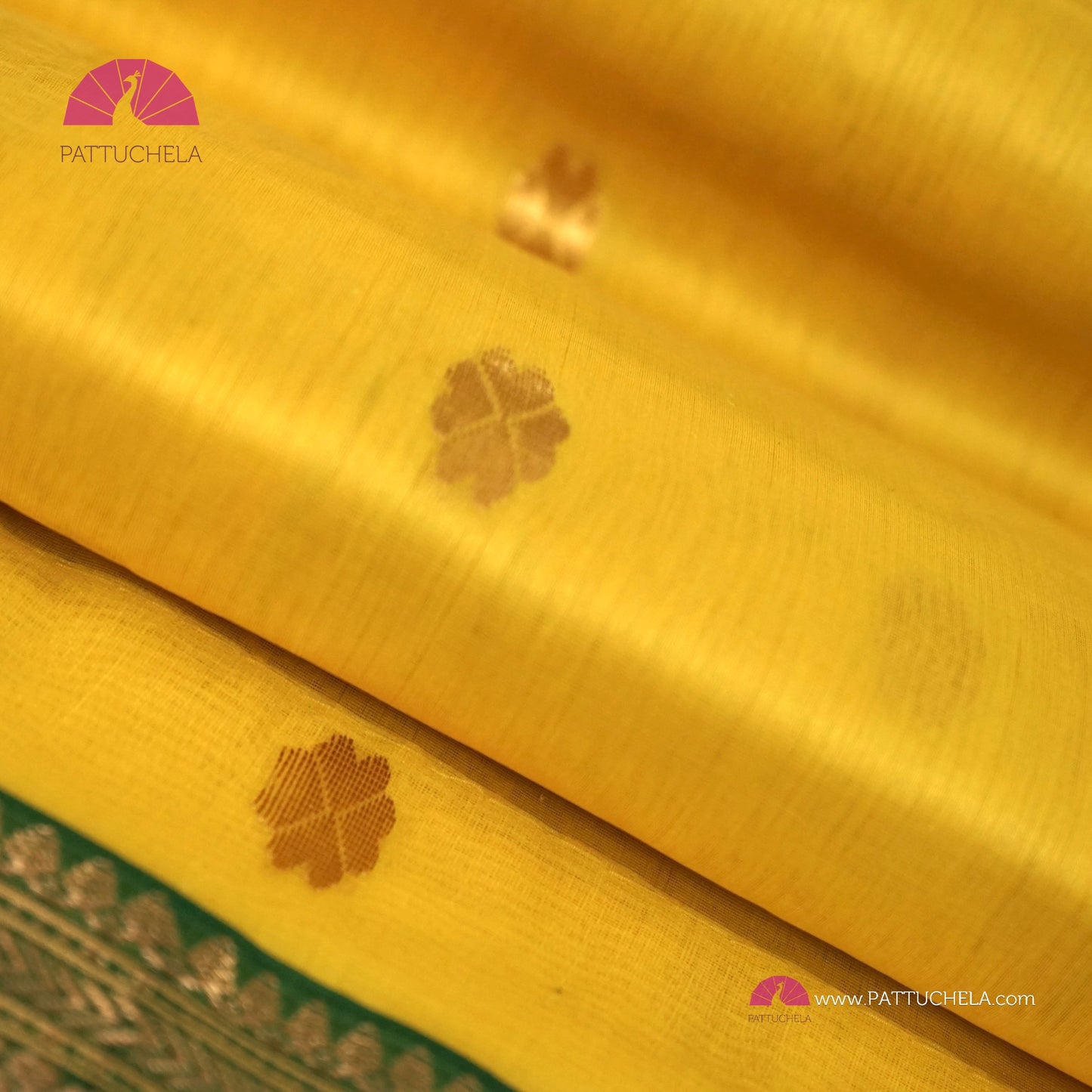 Lemon Yellow Chanderi Katan Handloom Silk Saree with contrast Green zari woven Nakshi Border and Asarfi Motifs