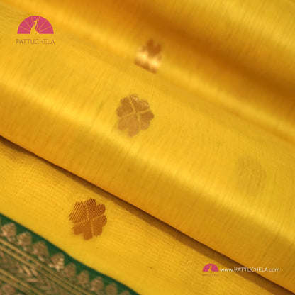 Lemon Yellow Chanderi Katan Handloom Silk Saree with contrast Green zari woven Nakshi Border and Asarfi Motifs