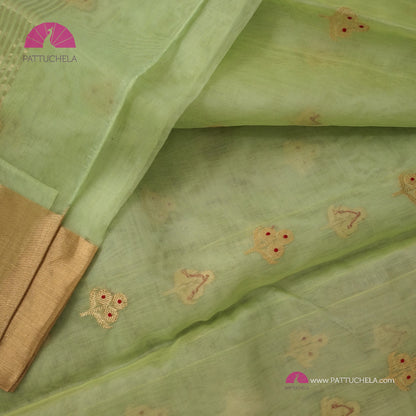 Pastel Pistachio Green Chanderi Katan Meenakari Handloom Silk Saree with Bavanchi Border