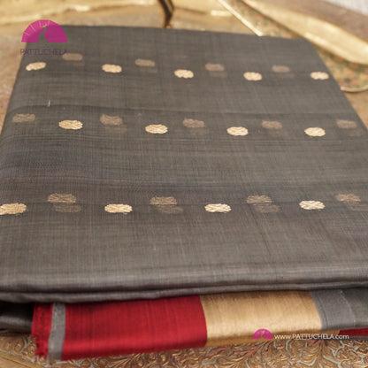 Grey Pure Chanderi Katan Handloom Silk Saree with dual coloured Border in Red and Gold