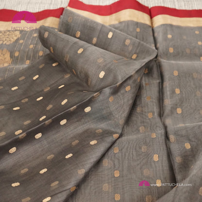 Grey Pure Chanderi Katan Handloom Silk Saree with dual coloured Border in Red and Gold