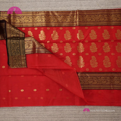 Crimson Red Chanderi Katan Handloom Silk Saree with contrast Black zari woven Nakshi border & Asarfi Motifs