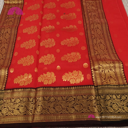 Crimson Red Chanderi Katan Handloom Silk Saree with contrast Black zari woven Nakshi border & Asarfi Motifs