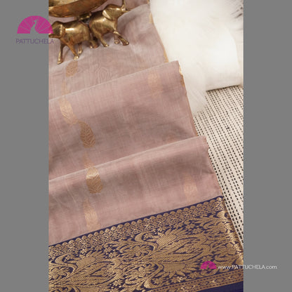 Dusty Pink Pure Chanderi Katan Handloom Silk Saree with Midnight Blue Nakshi Border