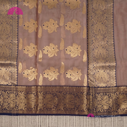 Dusty Pink Pure Chanderi Katan Handloom Silk Saree with Midnight Blue Nakshi Border