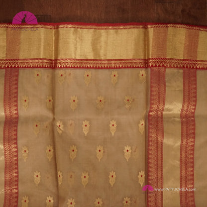 Golden Beige Pure Chanderi Katan Handloom Silk Saree with Maroon Bavanchi Border