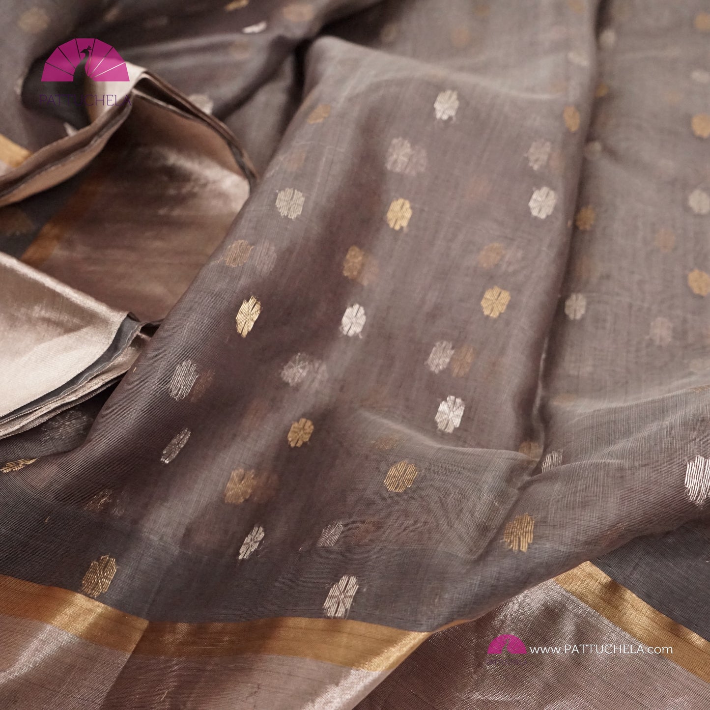 Grey Chanderi Katan Silk Handloom Saree with Sona Rupa motifs and Gold Metallic Grey Bavanchi Borders