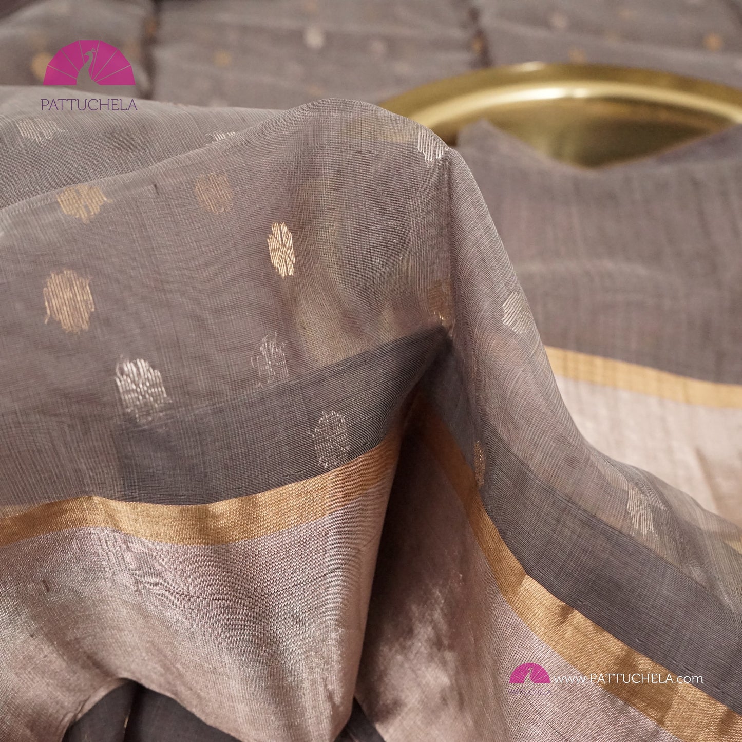 Grey Chanderi Katan Silk Handloom Saree with Sona Rupa motifs and Gold Metallic Grey Bavanchi Borders