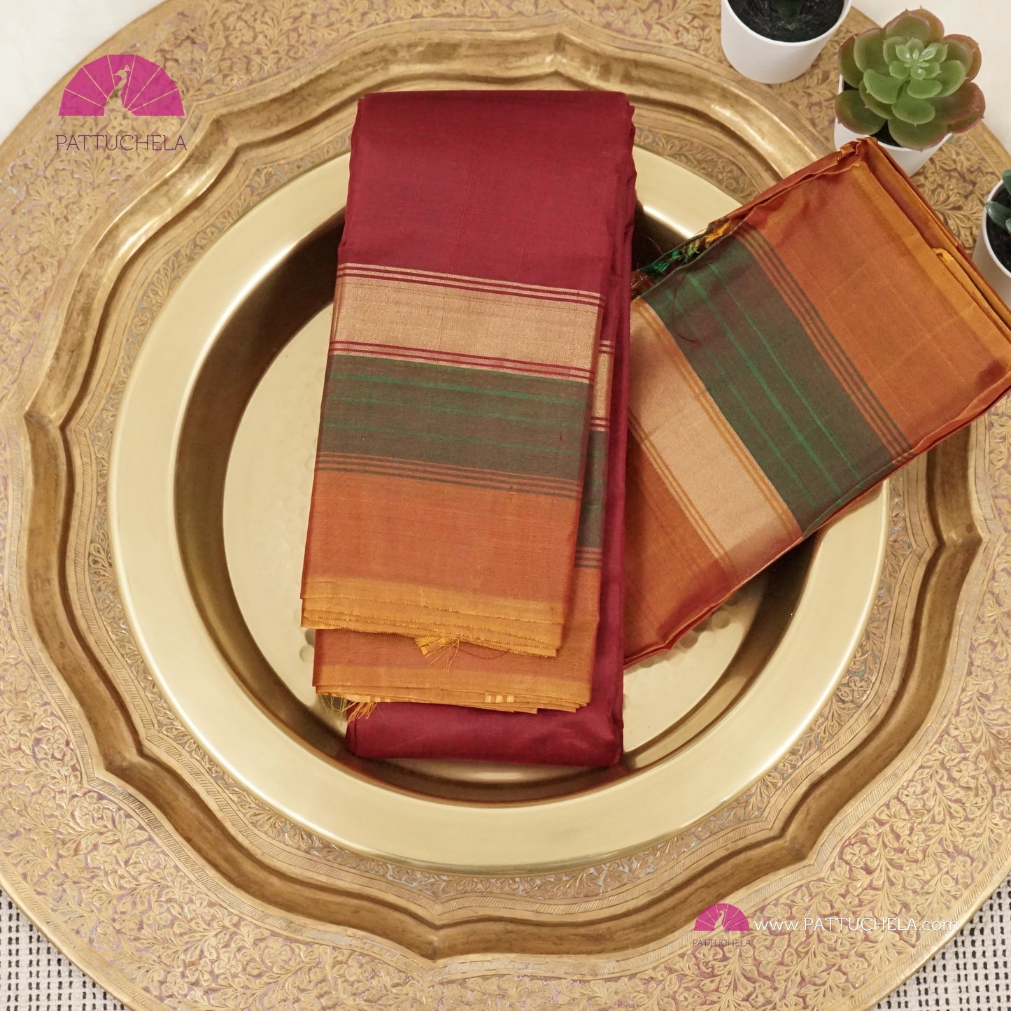 Simple Pure Kanchipuram Silk Saree in Maroon with contrast multi color Border | Striped body Pattern | Kanjivaram Silks