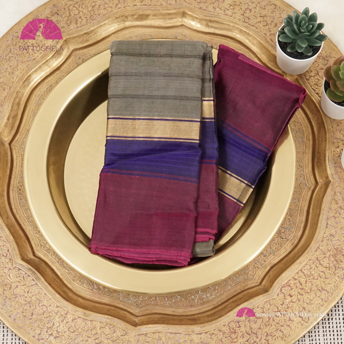 Simple Pure Kanchipuram Silk Saree in Grey with contrast multi color Border | Striped body Pattern | Kanjivaram Silks