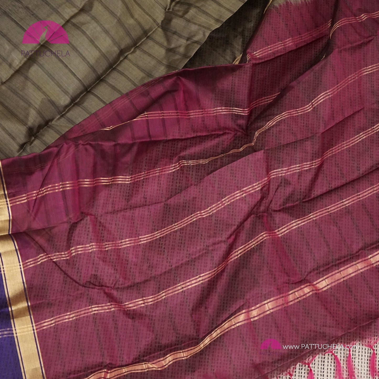 Simple Pure Kanchipuram Silk Saree in Grey with contrast multi color Border | Striped body Pattern | Kanjivaram Silks