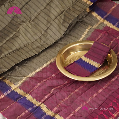 Simple Pure Kanchipuram Silk Saree in Grey with contrast multi color Border | Striped body Pattern | Kanjivaram Silks