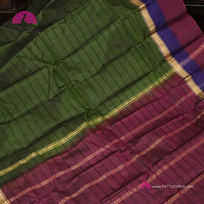 Simple Pure Kanchipuram Silk Saree in Green with contrast multi color Border | Striped body Pattern | Kanjivaram Silks