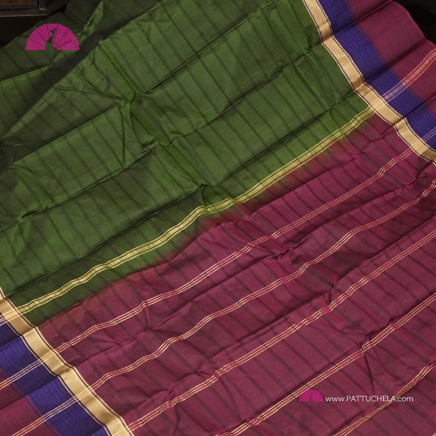 Simple Pure Kanchipuram Silk Saree in Green with contrast multi color Border | Striped body Pattern | Kanjivaram Silks