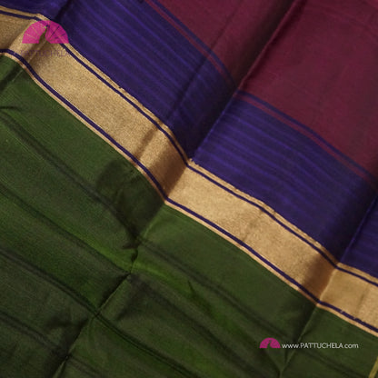 Simple Pure Kanchipuram Silk Saree in Green with contrast multi color Border | Striped body Pattern | Kanjivaram Silks