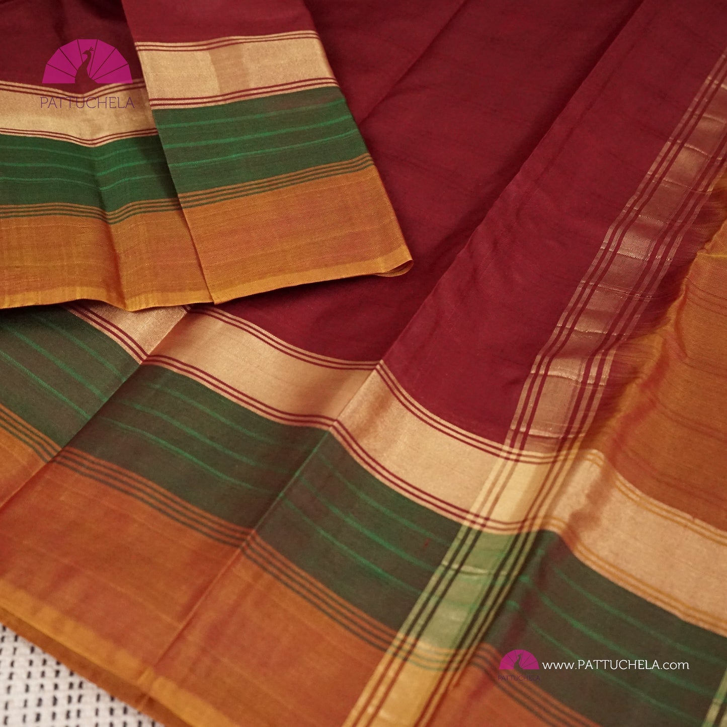 Simple Pure Kanchipuram Silk Saree in Maroon with contrast multi color Border | Striped body Pattern | Kanjivaram Silks