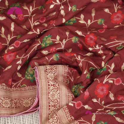 Maroon Banarasi Munga Handwoven Soft Silk Sareewith Meenakari Jaal weaves