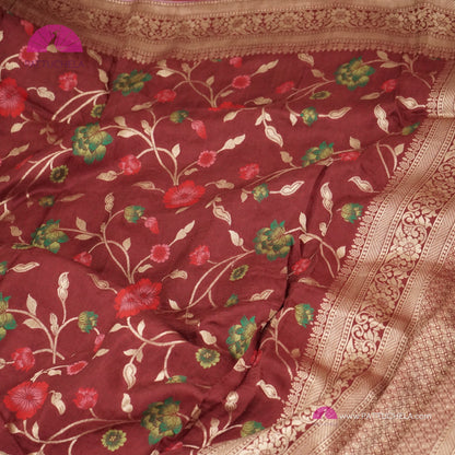 Maroon Banarasi Munga Handwoven Soft Silk Sareewith Meenakari Jaal weaves