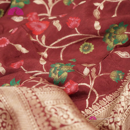 Maroon Banarasi Munga Handwoven Soft Silk Sareewith Meenakari Jaal weaves