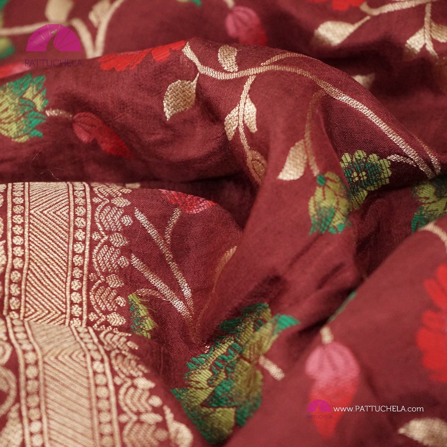 Maroon Banarasi Munga Handwoven Soft Silk Sareewith Meenakari Jaal weaves