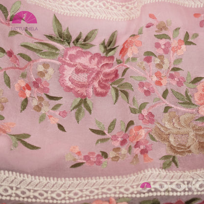 Pastel Pink Pure Organza Silk Chikankari Saree with Resham Embroidery Border