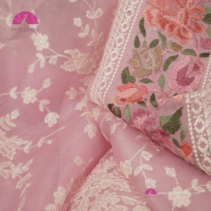 Pastel Pink Pure Organza Silk Chikankari Saree with Resham Embroidery Border