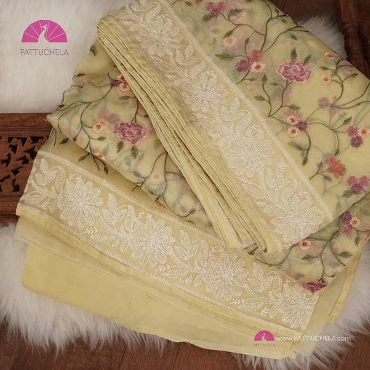 Pastel Lemon Yellow Pure Organza Silk Saree with Resham Embroidery & Chikankari Border