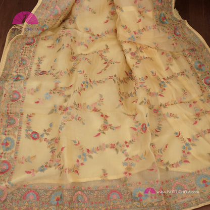 Pastel Pineapple Yellow Organza Silk Saree with Resham Embroidery