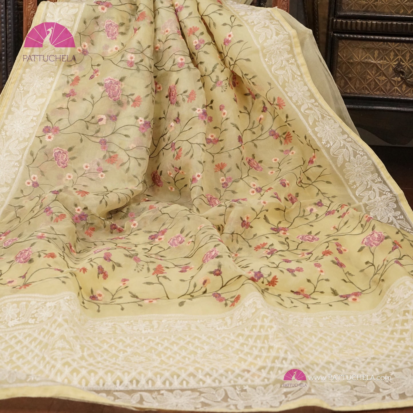 Pastel Lemon Yellow Pure Organza Silk Saree with Resham Embroidery & Chikankari Border