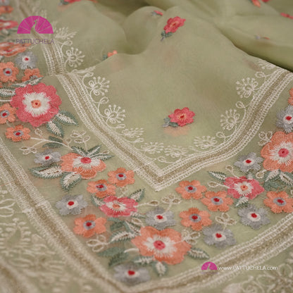 Pastel Pistachio Green Pure Organza Silk Saree with Resham Embroidery & Chikankari Border