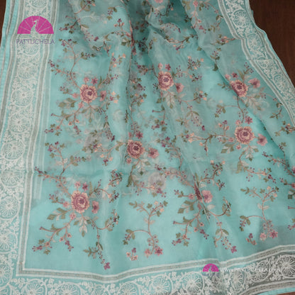 Pastel Ice Blue Pure Organza Silk Saree with Resham Embroidery & Chikankari Border