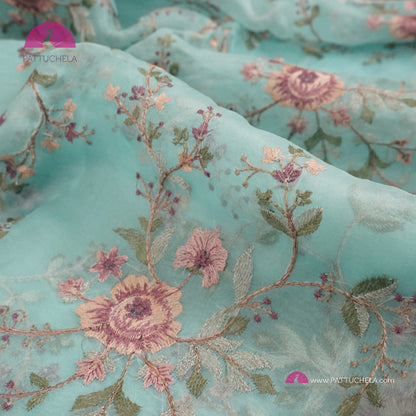 Pastel Ice Blue Pure Organza Silk Saree with Resham Embroidery & Chikankari Border