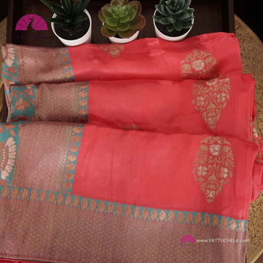 Pure Banarasi Munga Handwoven Soft Silk Saree in Coral Pink