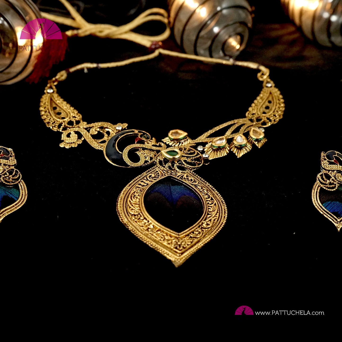 Unique Mughal Peacock Kundan Necklace set with ear rings embellished with real peacock feathers, enamel & Kundan stones | Party & Festive Wear | Indian Jewelry