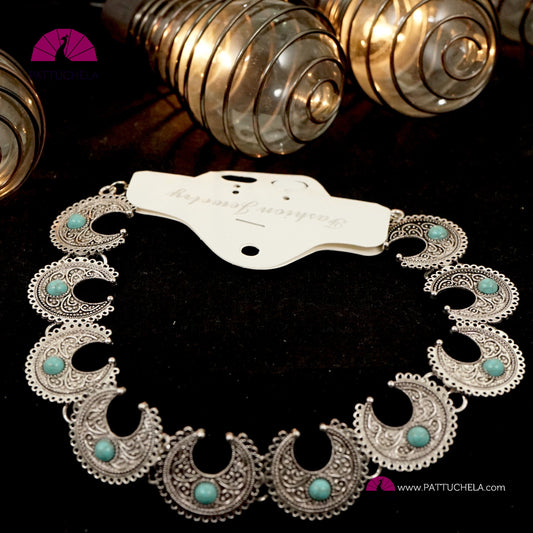 Oxidized Silver Moon Necklace set embellished with Turquoise color Stones | Chandbali Necklace | Formal & Casual Wear Necklace | Silver Jewelry