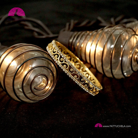 Pair of Gold tone Bangles with White Zircon stones | Gold Bangles | Kadas | Indian Jewelry