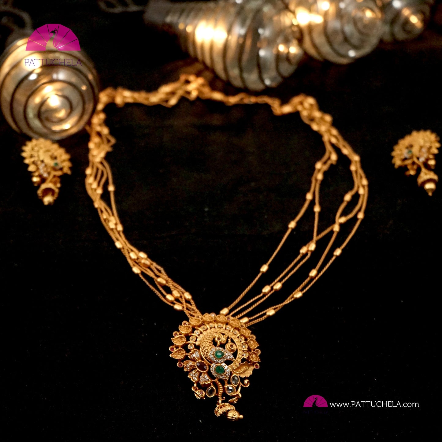 Beautiful Peacock Pendant Jewelry with Peacock earrings in matte finish / Beaded Fancy Chain / Indian Jewelry