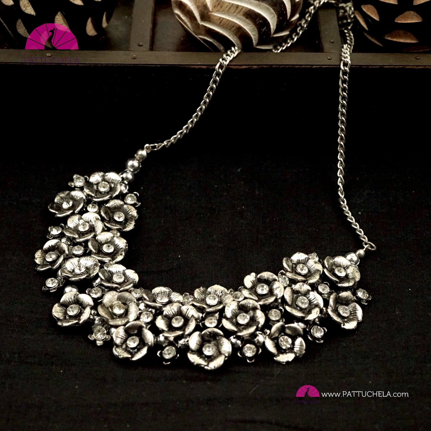 Unique Oxidized Silver Necklace in Floral pattern with White Stones| Formal & Casual Wear Necklace | Silver Jewelry