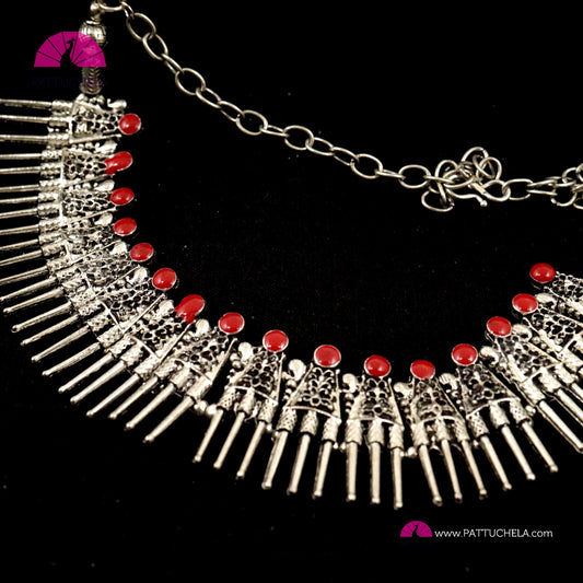 Oxidized Silver Necklace with accented Red Enamel | Formal & Casual Wear Necklace | Silver Jewelry