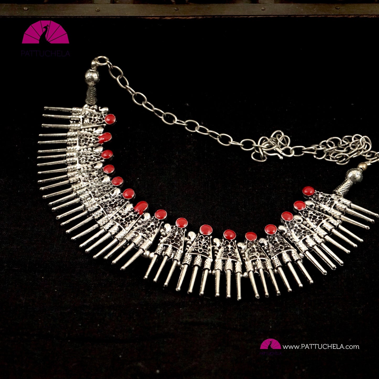 Oxidized Silver Necklace with accented Red Enamel | Formal & Casual Wear Necklace | Silver Jewelry