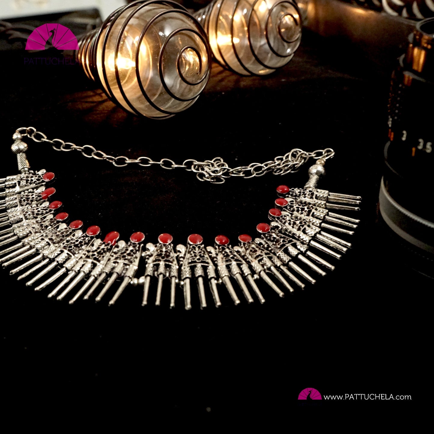 Oxidized Silver Necklace with accented Red Enamel | Formal & Casual Wear Necklace | Silver Jewelry