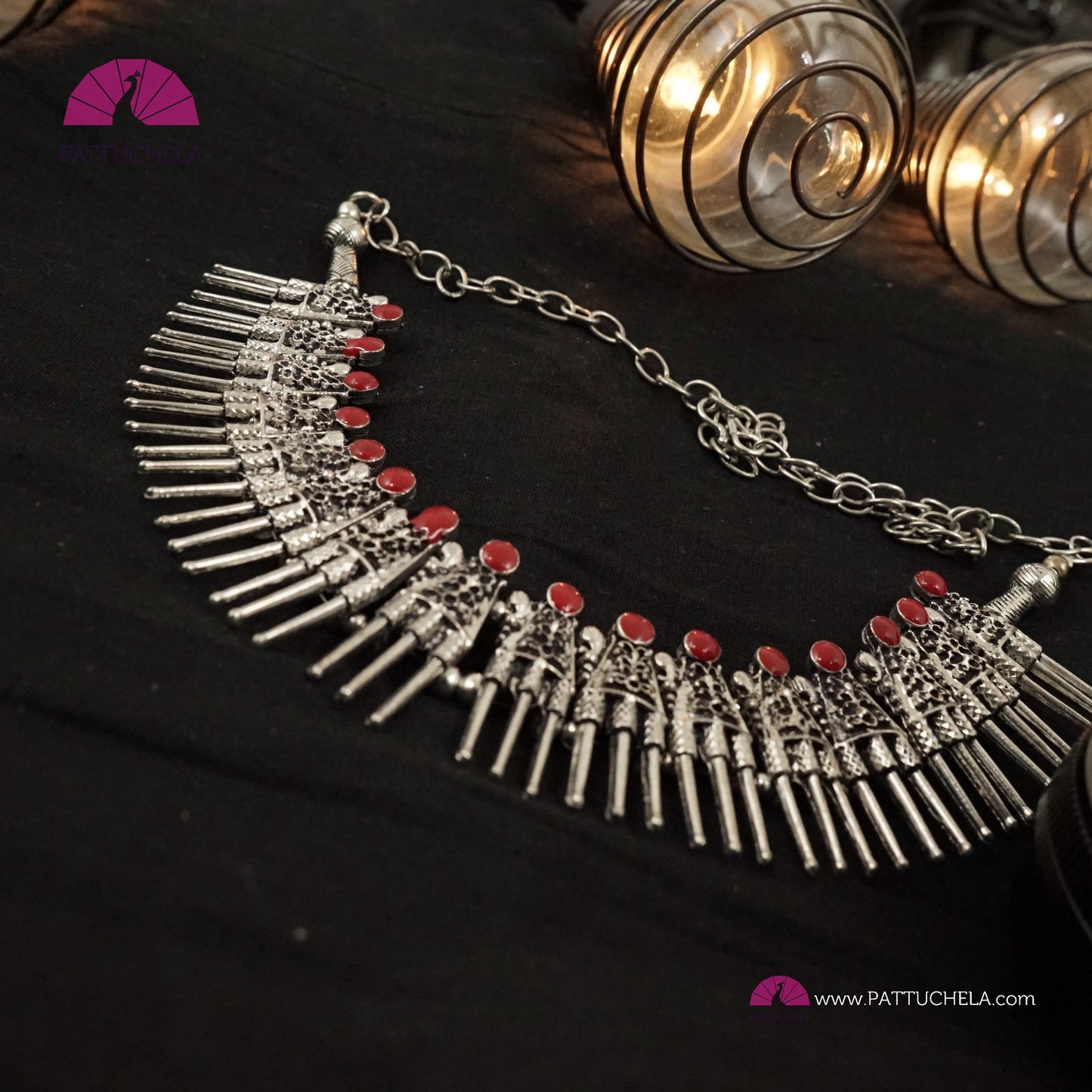 Oxidized Silver Necklace with accented Red Enamel | Formal & Casual Wear Necklace | Silver Jewelry