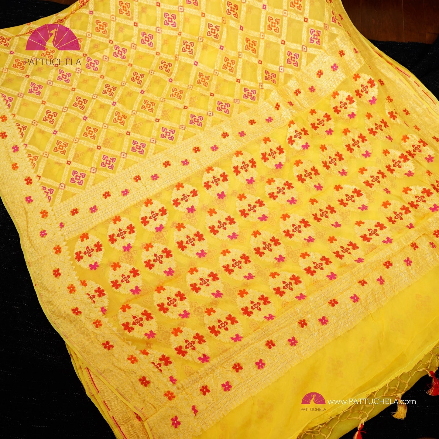 Yellow Banarasi Meenakari Georgette Silk handwoven Saree with Bandej Weaves