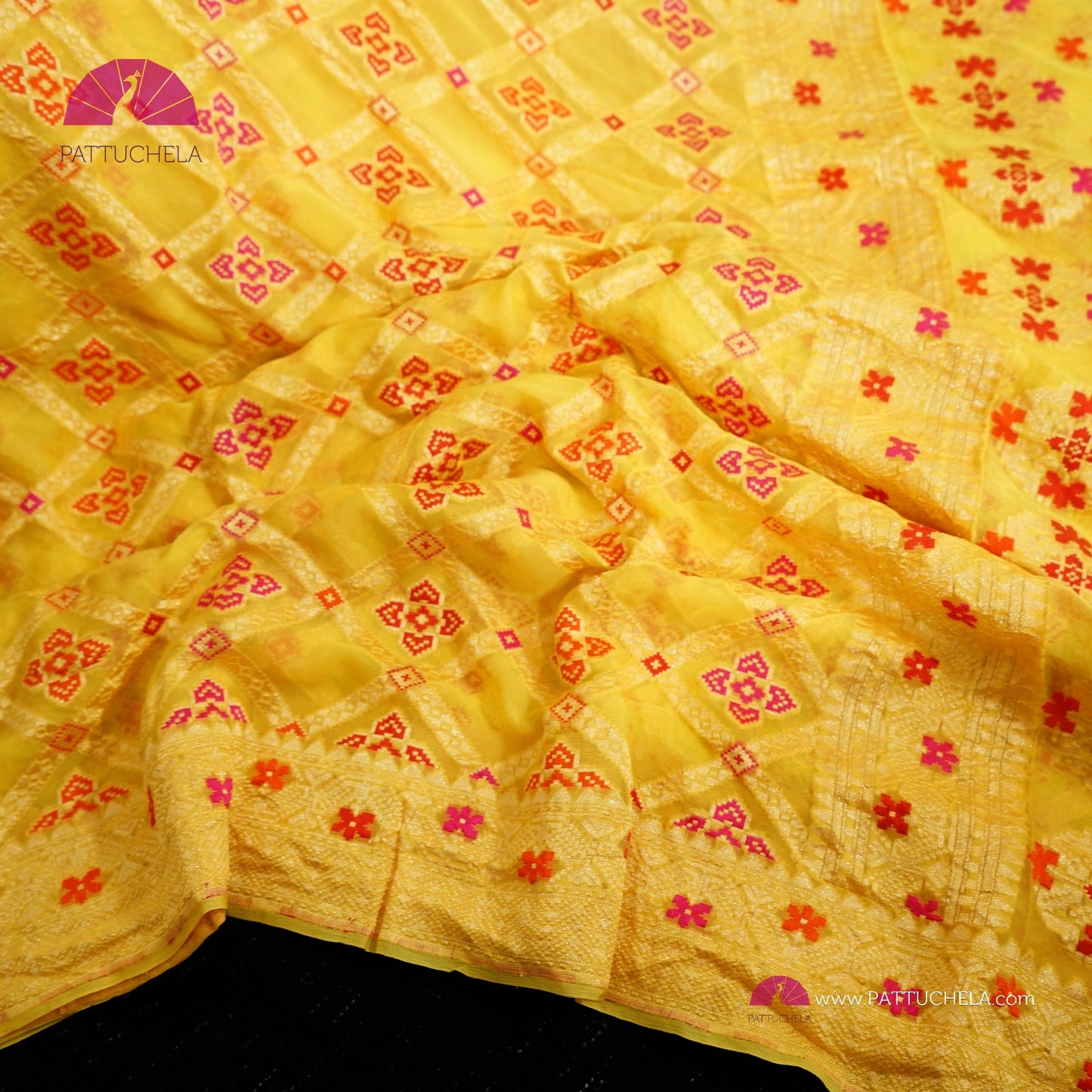 Yellow Banarasi Meenakari Georgette Silk handwoven Saree with Bandej Weaves