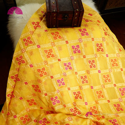 Yellow Banarasi Meenakari Georgette Silk handwoven Saree with Bandej Weaves