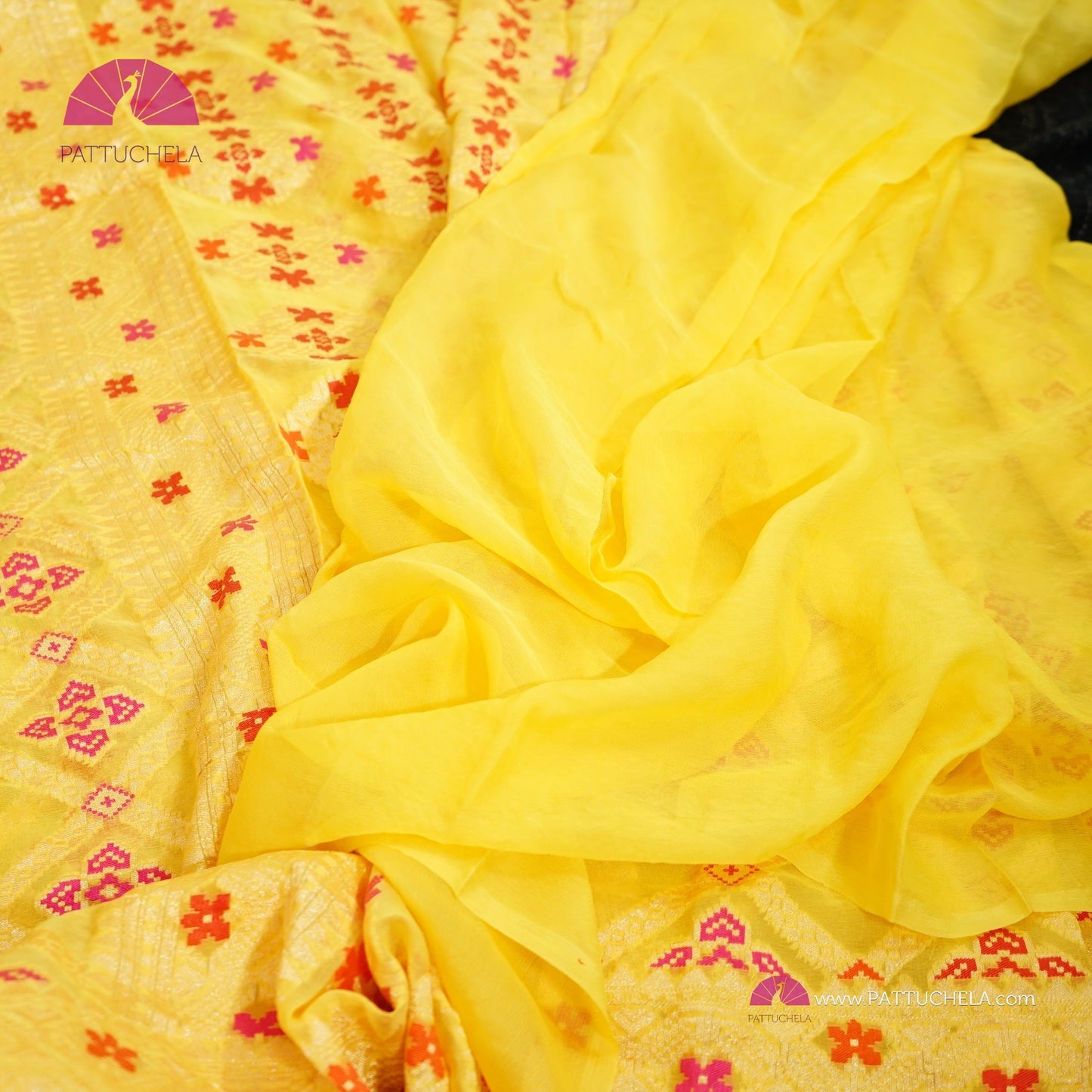 Yellow Banarasi Meenakari Georgette Silk handwoven Saree with Bandej Weaves