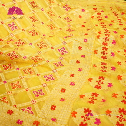 Yellow Banarasi Meenakari Georgette Silk handwoven Saree with Bandej Weaves