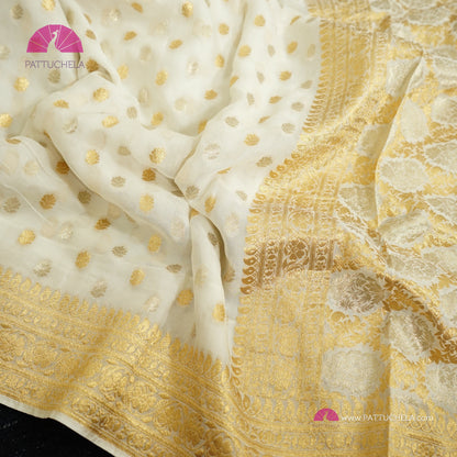 Off White Khaddi Banarasi Georgette Silk handwoven Sona Rupa Saree